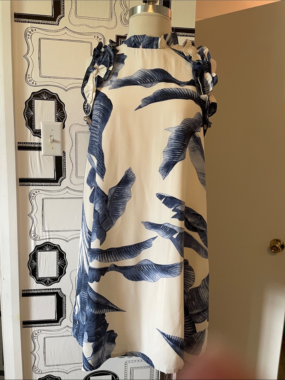 ezra Cream Mini Dress with Navy Leaf Print
